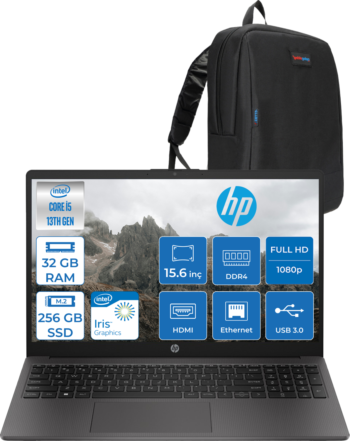 Intel Core i5, 32 GB RAM, 256 GB SSD özellikli açık bir dizüstünün üzerinde siyah sırt çantası.