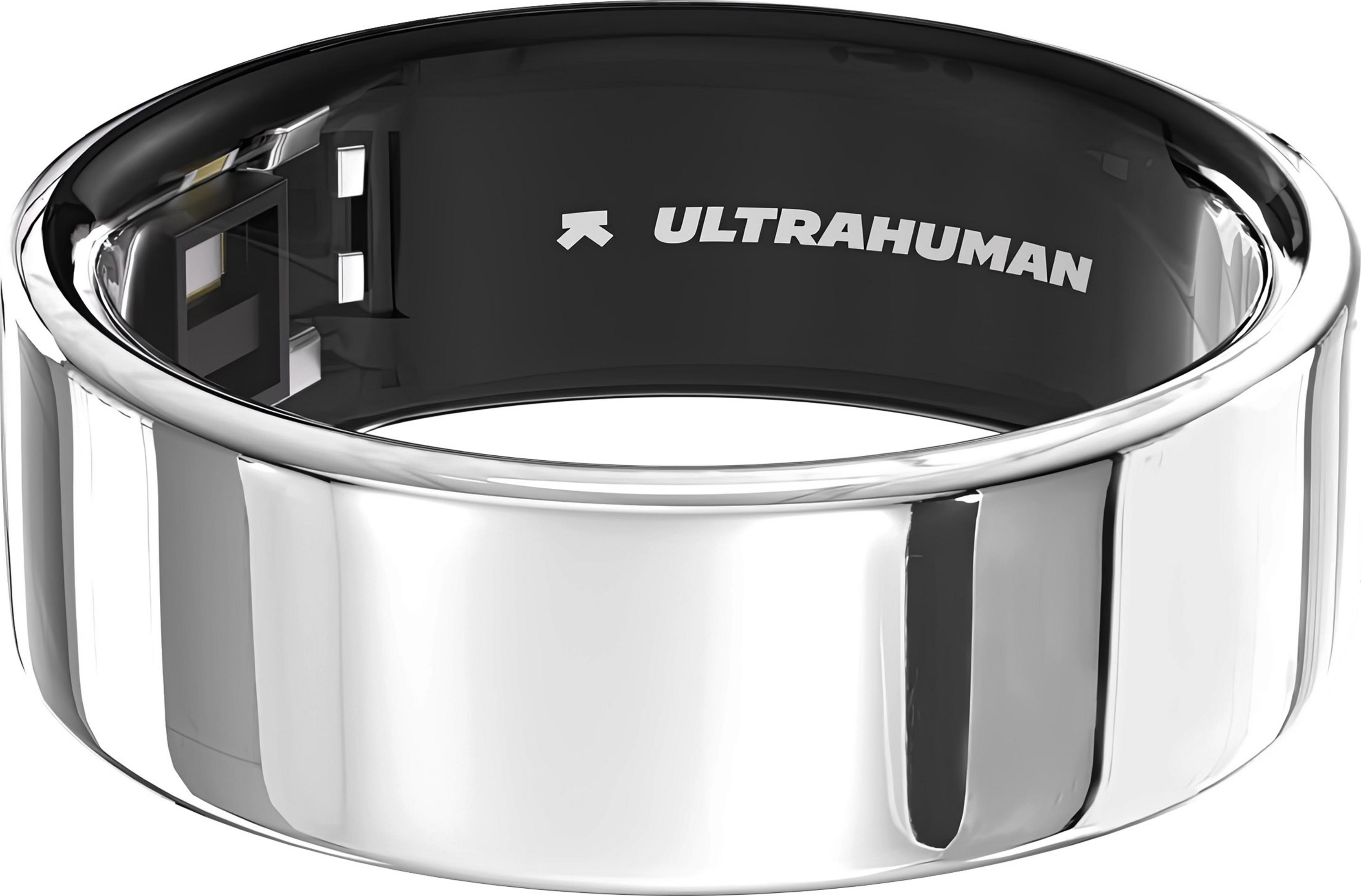 Un anillo plateado con interior negro y el logo 'ULTRAHUMAN'.