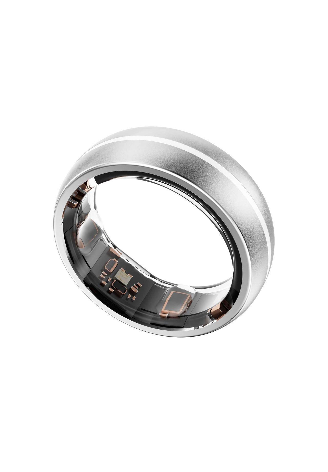 Anello argentato con due strisce bianche e circuiti esposti all'interno.