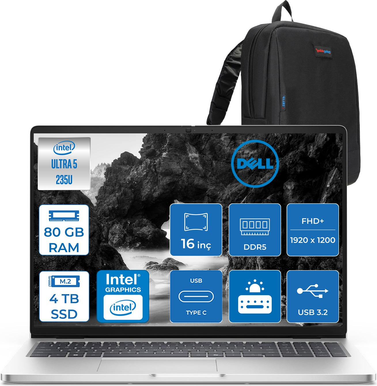 Intel Core Ultra 5, 80 GB RAM, 4 TB SSD, 16 inç FHD+ ekranlı dizüstü bilgisayar ve sırt çantası.