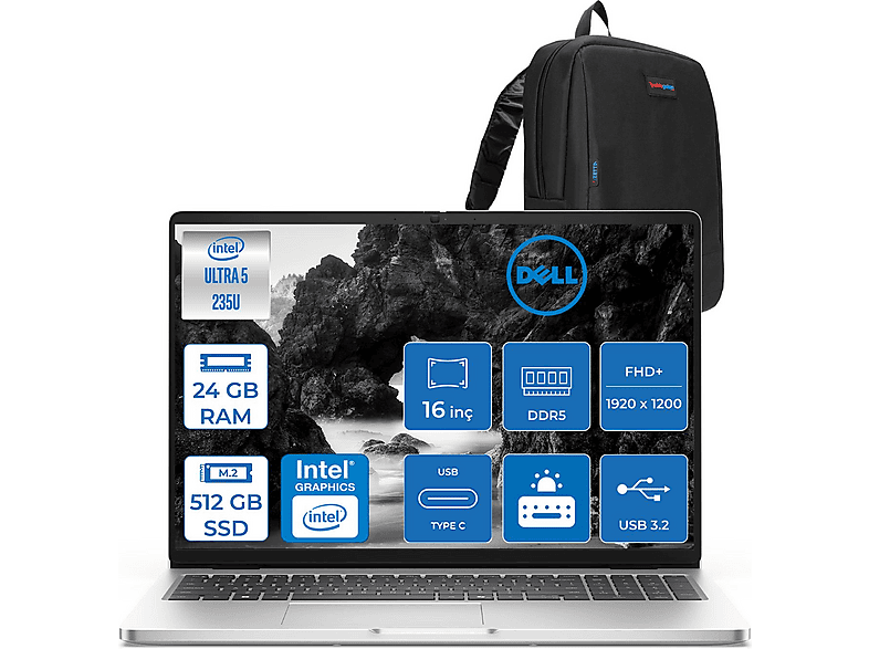 DELL Pro 16 DDR5 IPS FHD+ PC16250BTO105F07 Intel Core Ultra 5 235U 24 GB RAM 512 GB SSD 16 inç FreeDOS Laptop+Çanta Gri