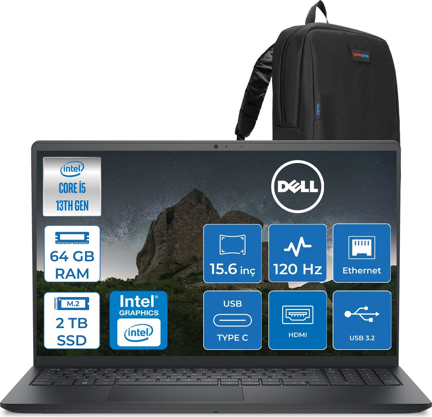 Intel Core i5 13. Nes, 64 GB RAM, 2 TB SSD'li siyah Dell dizüstü bilgisayar. Arkada siyah sırt çantası.