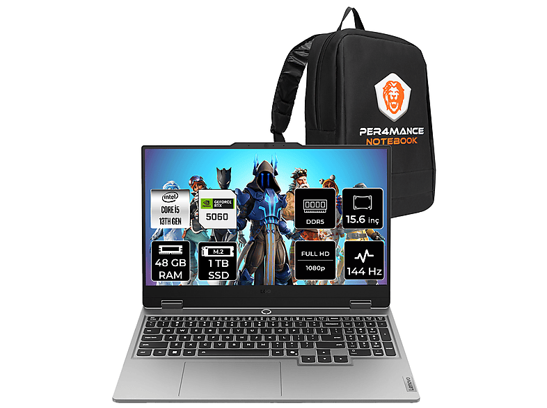 LENOVO LOQ RTX 5060 8 GB FHD 144 Hz 83JE00ENTRP333 PER4 Gaming Intel Core i5-13450HX 48 GB RAM 1 TB SSD 15,6 inç FreeDOS Laptop+Çanta Metalik Gri