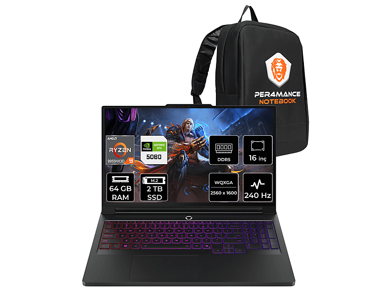 LENOVO Legion Pro 7 RTX 5080 16 GB QHD+ 240 Hz 83RU0031TRP340 PER4 Gaming AMD Ryzen 9 9955HX3D 64 GB RAM 2 TB SSD 16 inç FreeDOS Laptop+Çanta Siyah