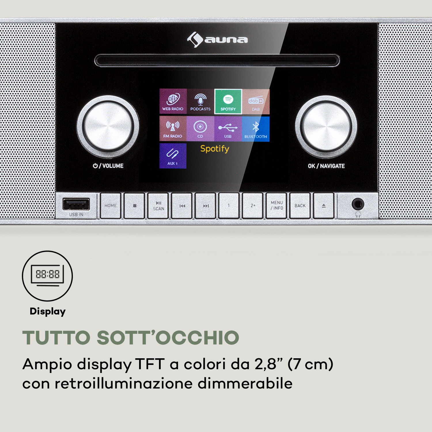 Ein modernes silbernes und schwarzes DAB+-Radio mit Touchscreen-Display und Knöpfen.