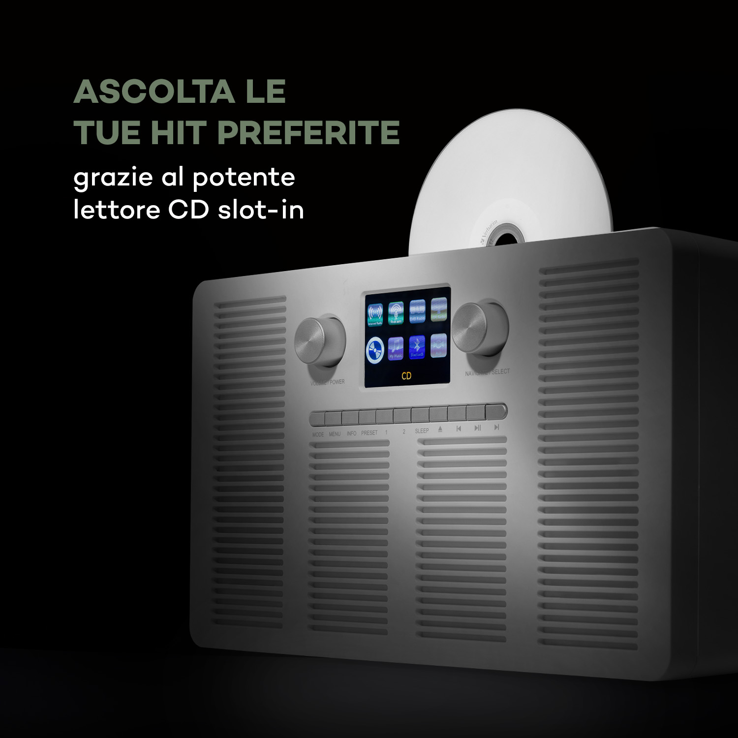 Ein silberner CD-Player mit einem eingelegten CD und Text auf Italienisch.