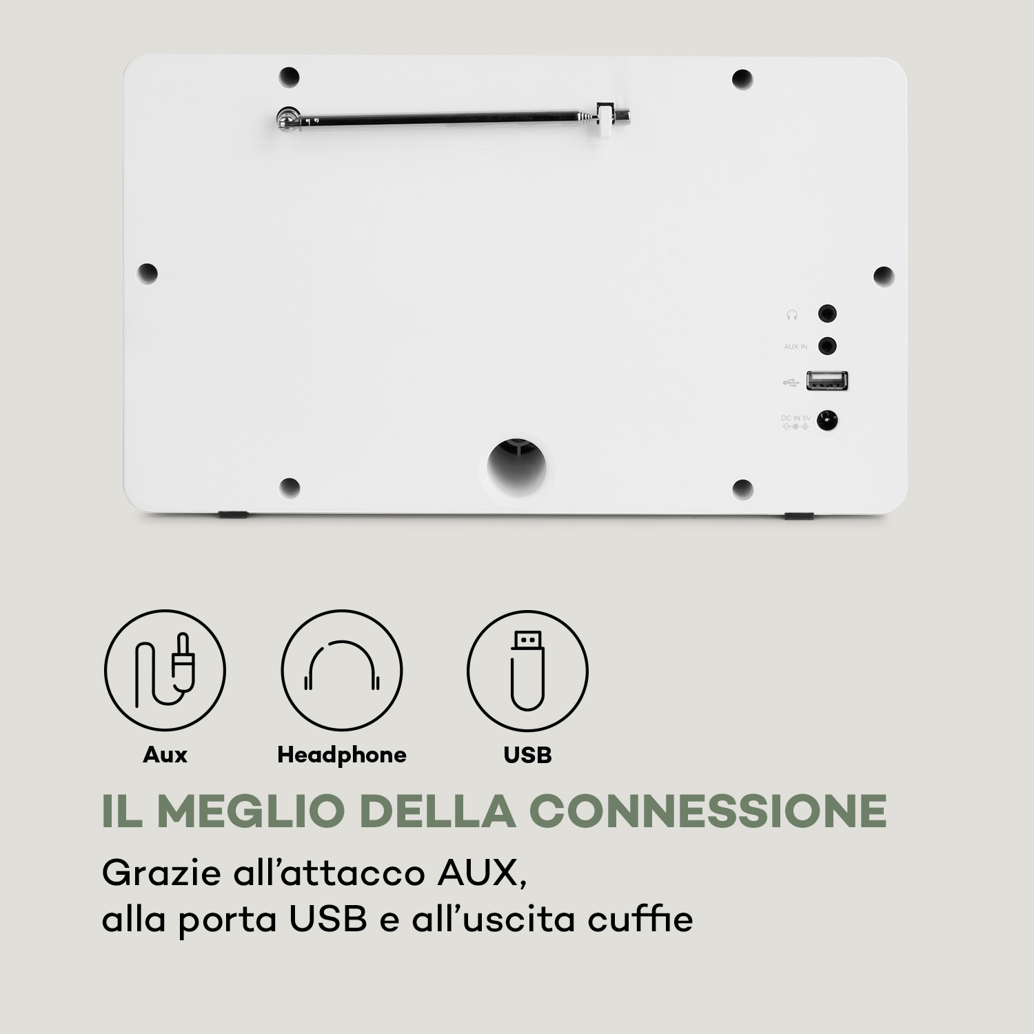 Weiße Rückseite mit Anschlüssen: Aux, Kopfhörer, USB, DC IN.