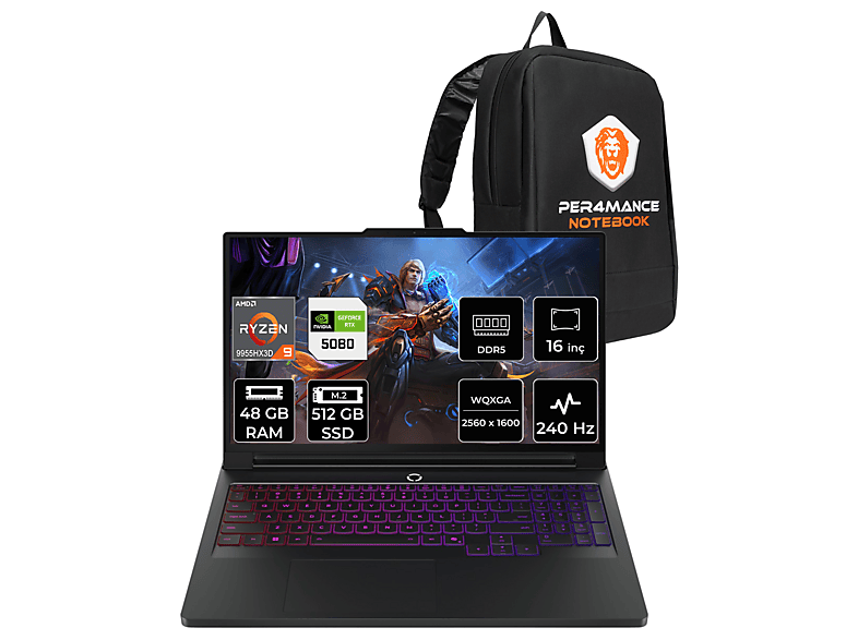 LENOVO Legion Pro 7 RTX 5080 16 GB QHD+ 240 Hz 83RU0031TRP332 PER4 Gaming AMD Ryzen 9 9955HX3D 48 GB RAM 512 GB SSD 16 inç FreeDOS Laptop+Çanta Siyah