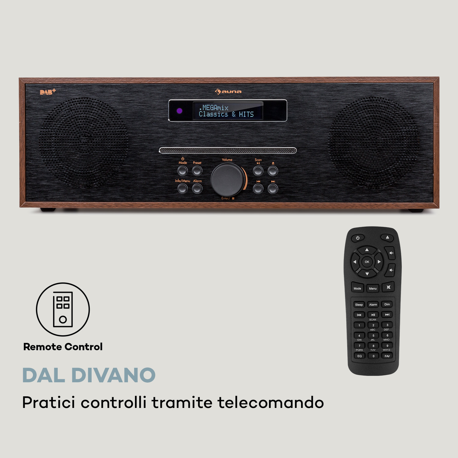 Ein DAB+ Radio mit Fernbedienung und Holzrahmen.