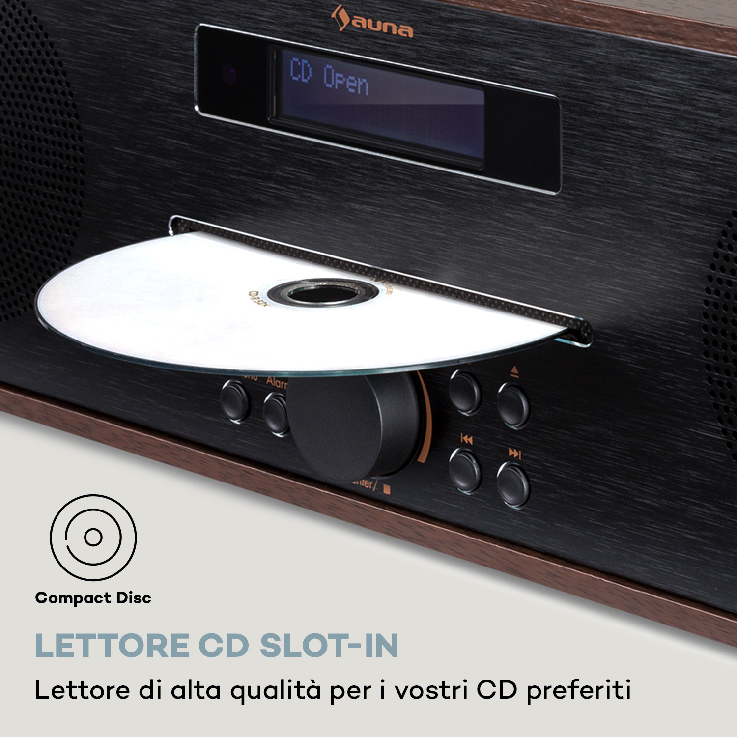 Ein CD-Player mit Schlitz-Einzug und einer eingelegten CD. Das Display zeigt 'CD Open'.