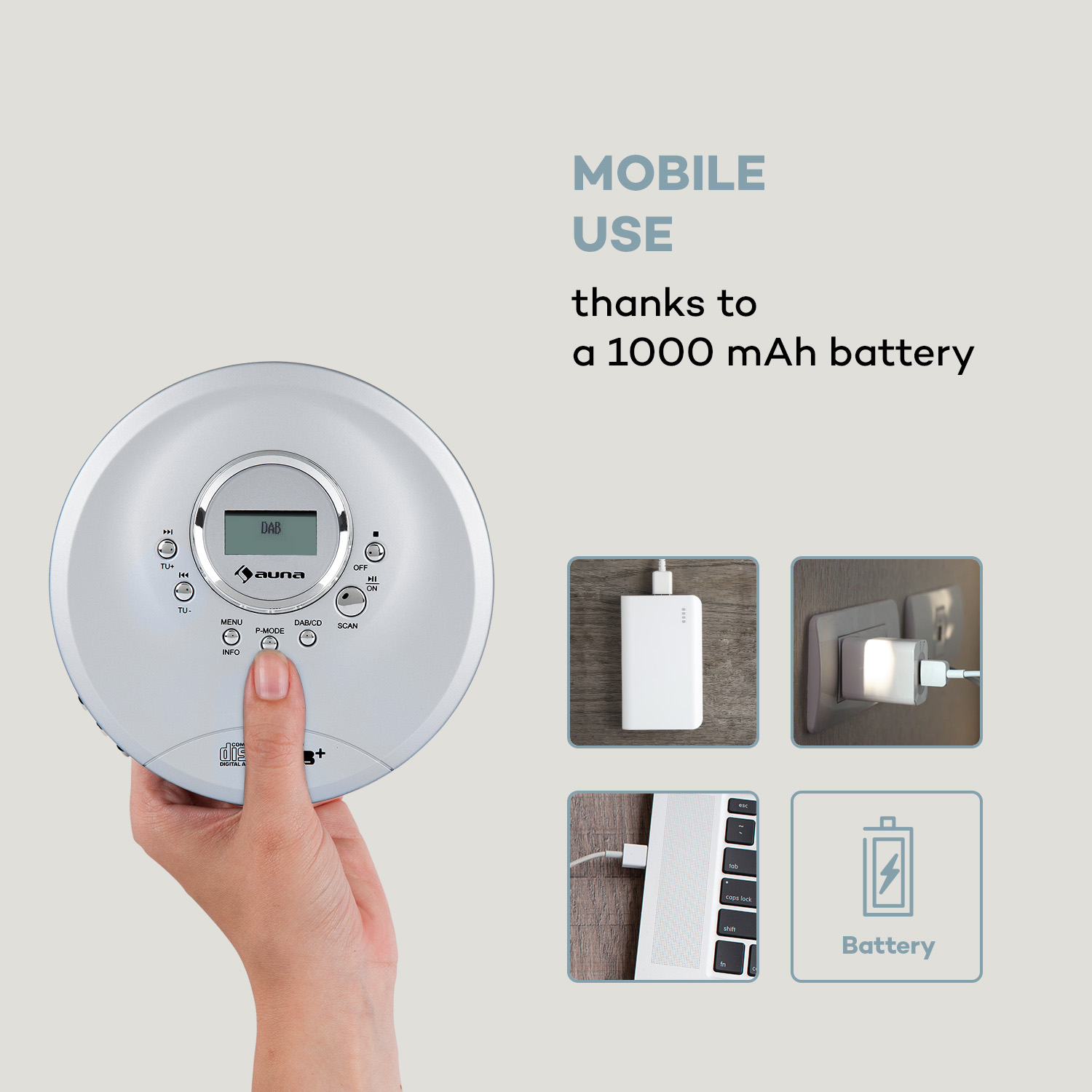 Ein CD-Player mit DAB-Radio wird in der Hand gehalten. Daneben sind Ladeoptionen abgebildet.