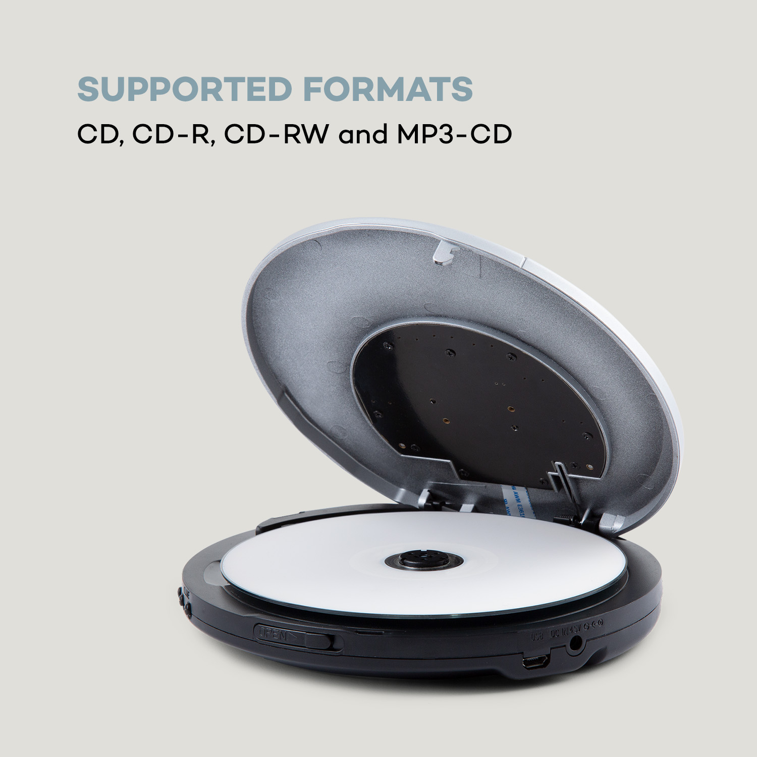 Offener tragbarer CD-Player mit eingelegter CD. Unterstützte Formate: CD, CD-R, CD-RW, MP3-CD.