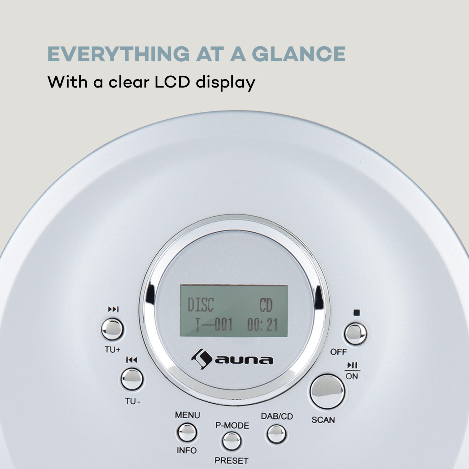 Ein weißes CD-Radio mit LCD-Display und Bedienelementen.