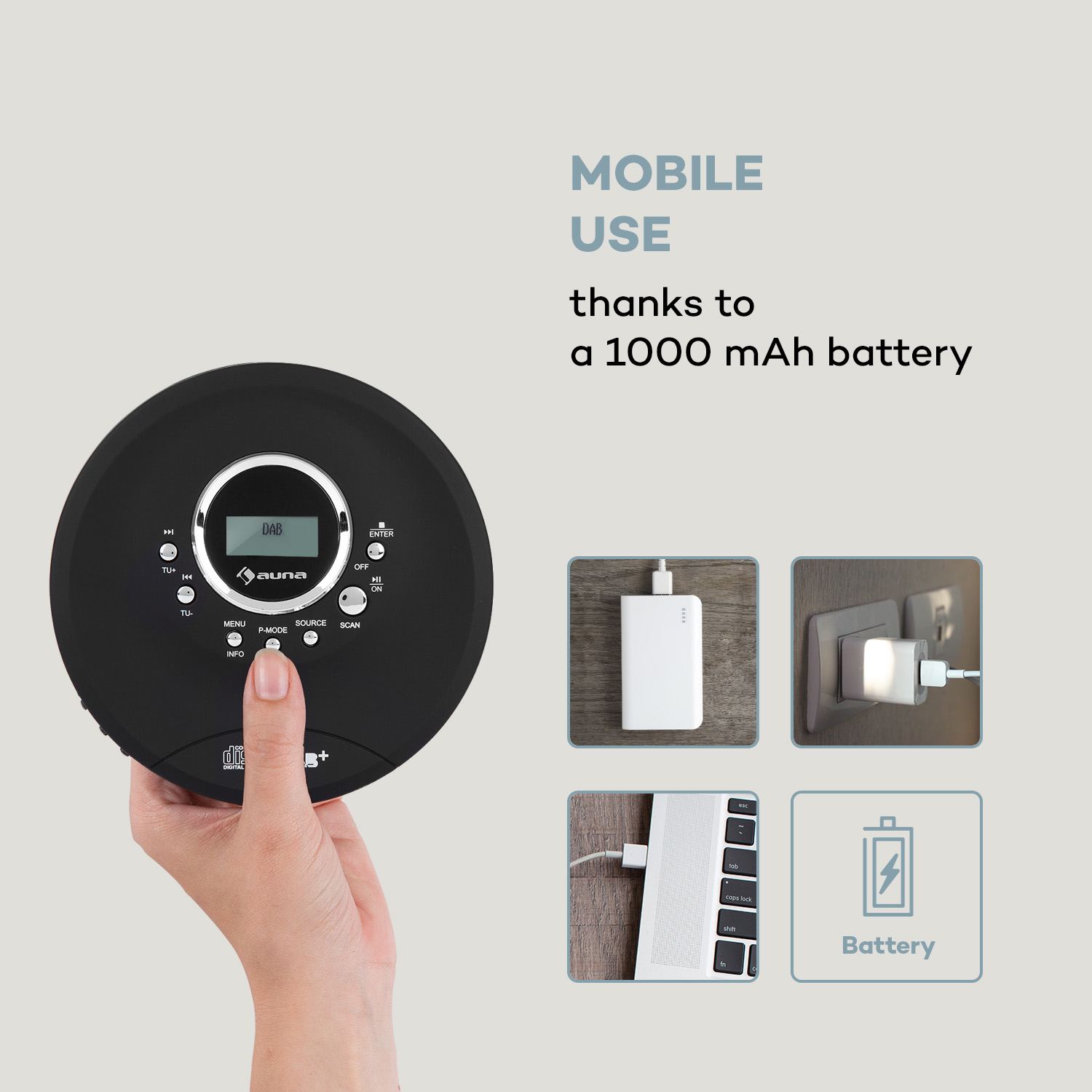 Schwarzer CD-Player in Hand, mit Ladeoptionen und Akku-Symbol.