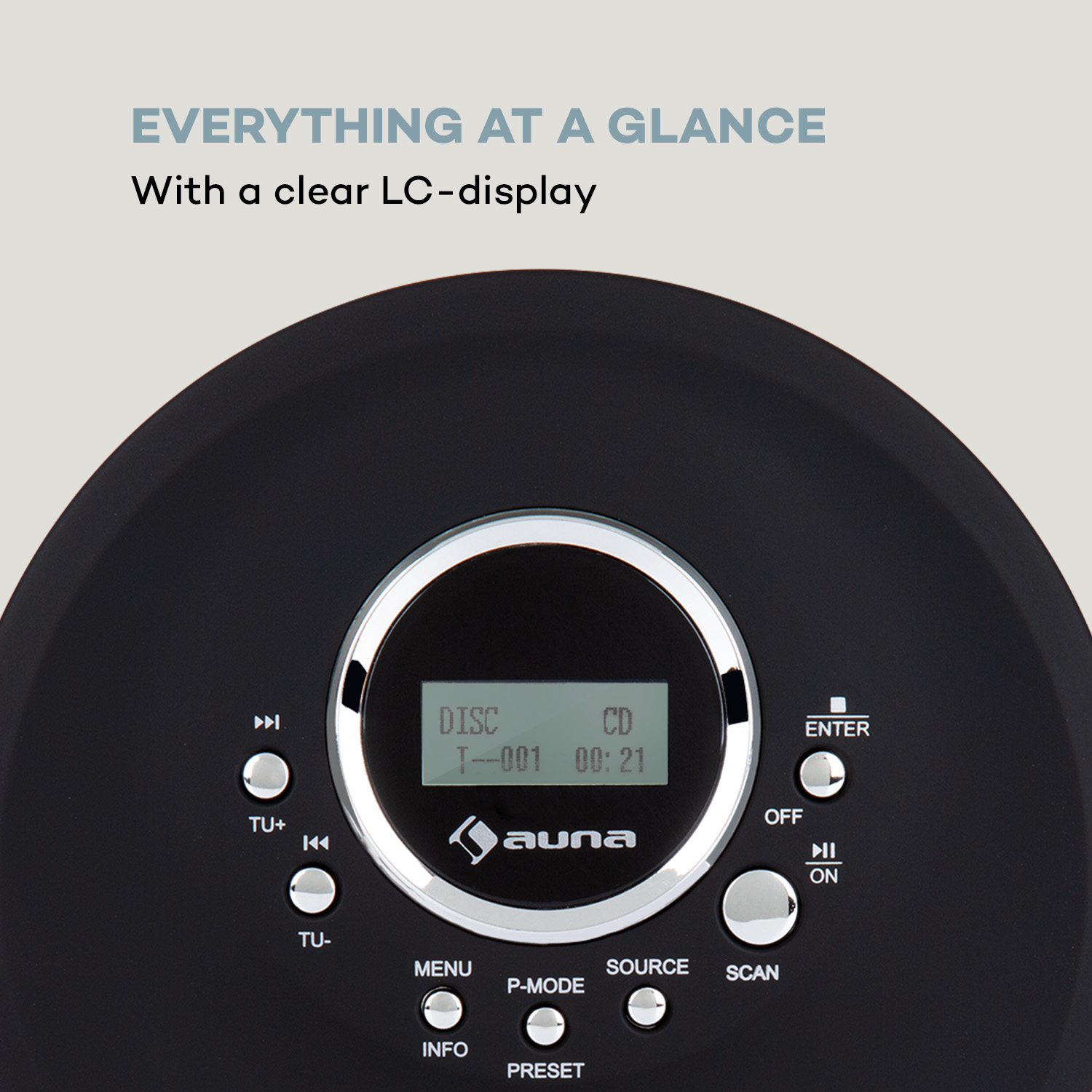 Schwarzer CD-Player mit LC-Display, Navigations- und Wiedergabetasten.