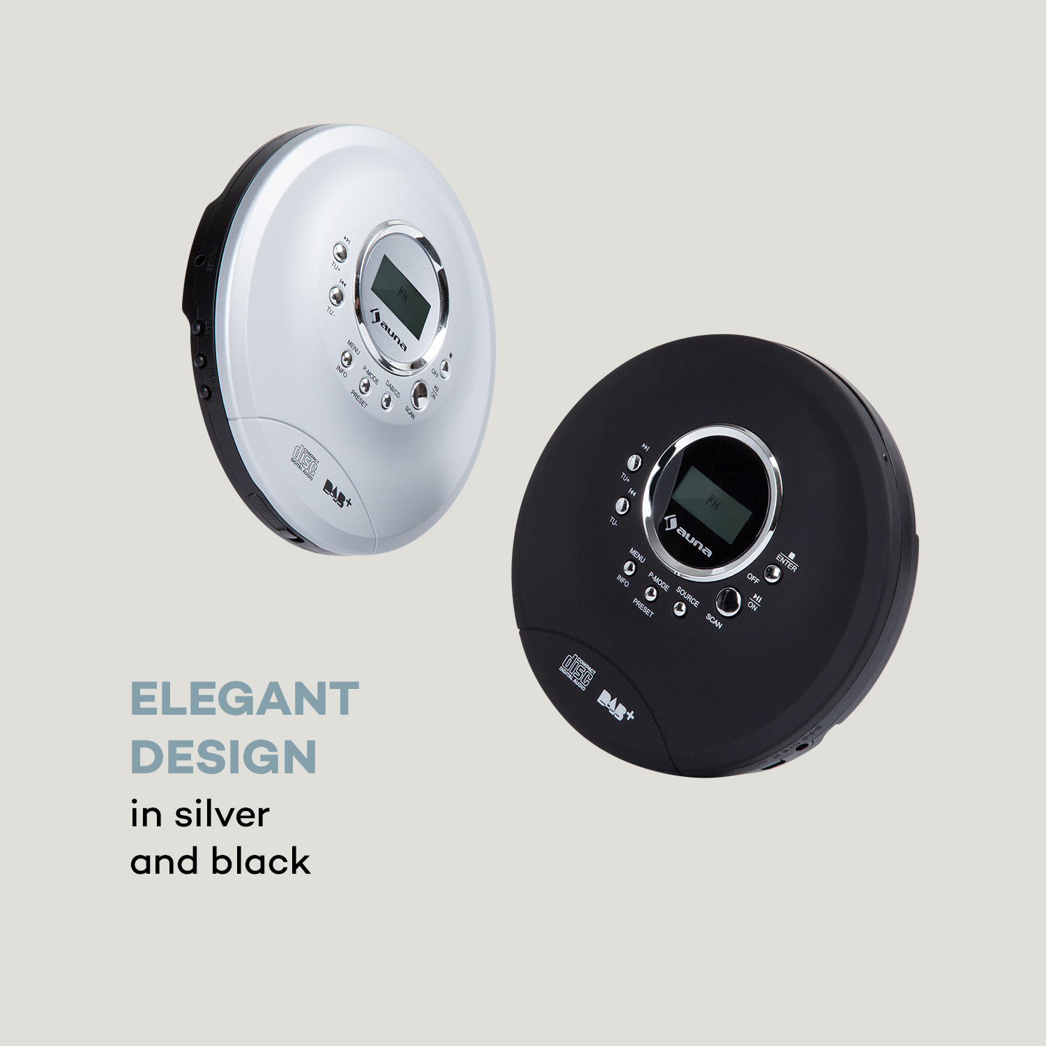 Zwei tragbare CD-Player, einer silbern, einer schwarz, mit Displays und Bedienelementen.