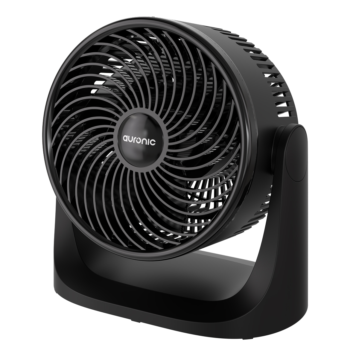 A black desk fan with a circular grill and the Auronic logo in the center.