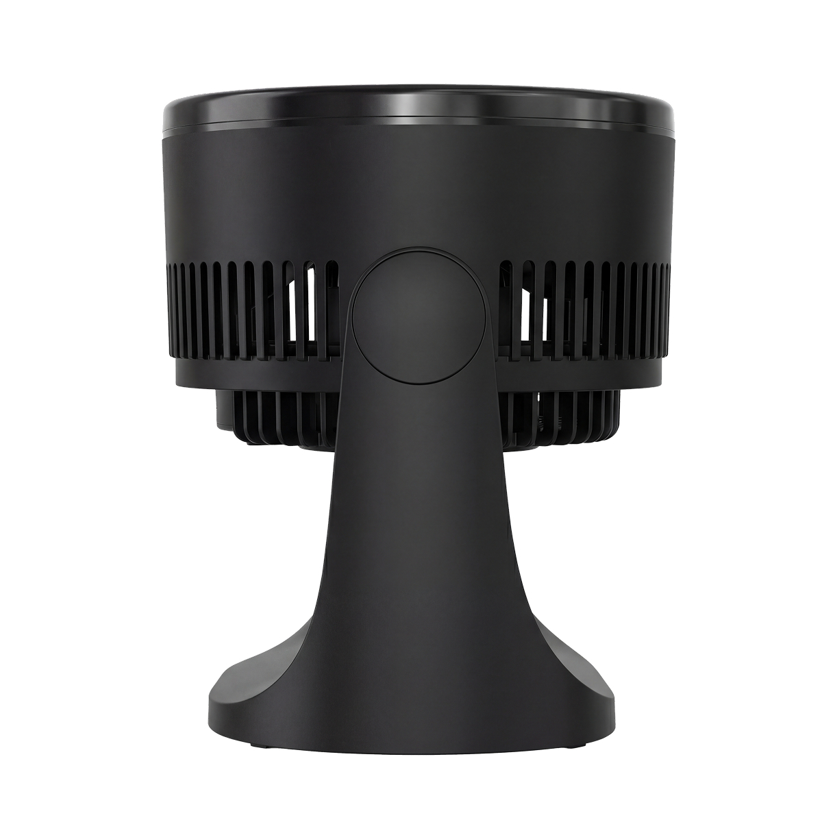 A black fan with grooved vents and a round stand.