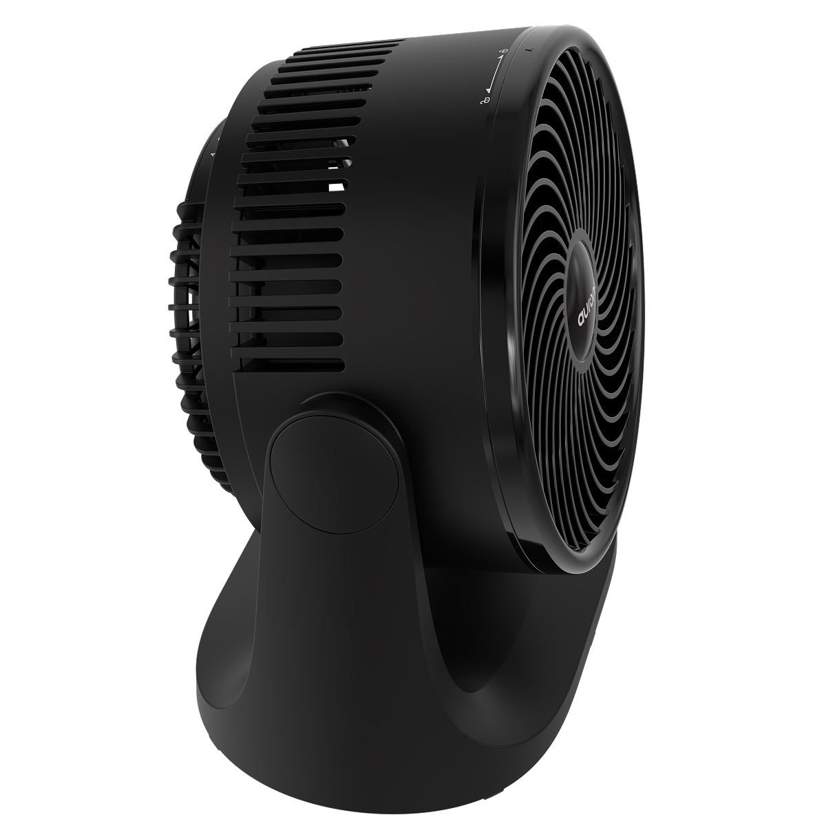 A black table fan with a round base and adjustable head.
