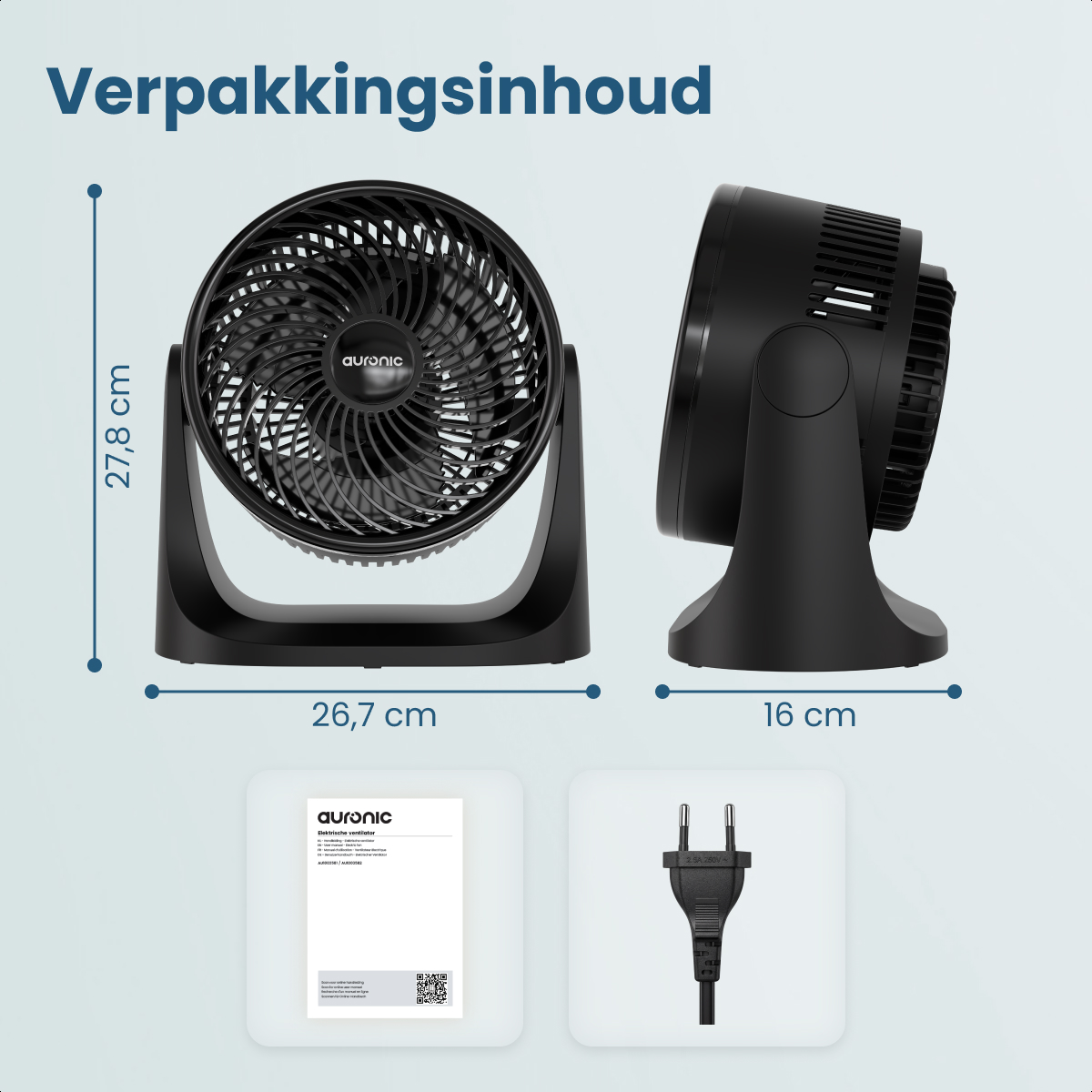 Black fan with dimensions and accessories: manual and plug.
