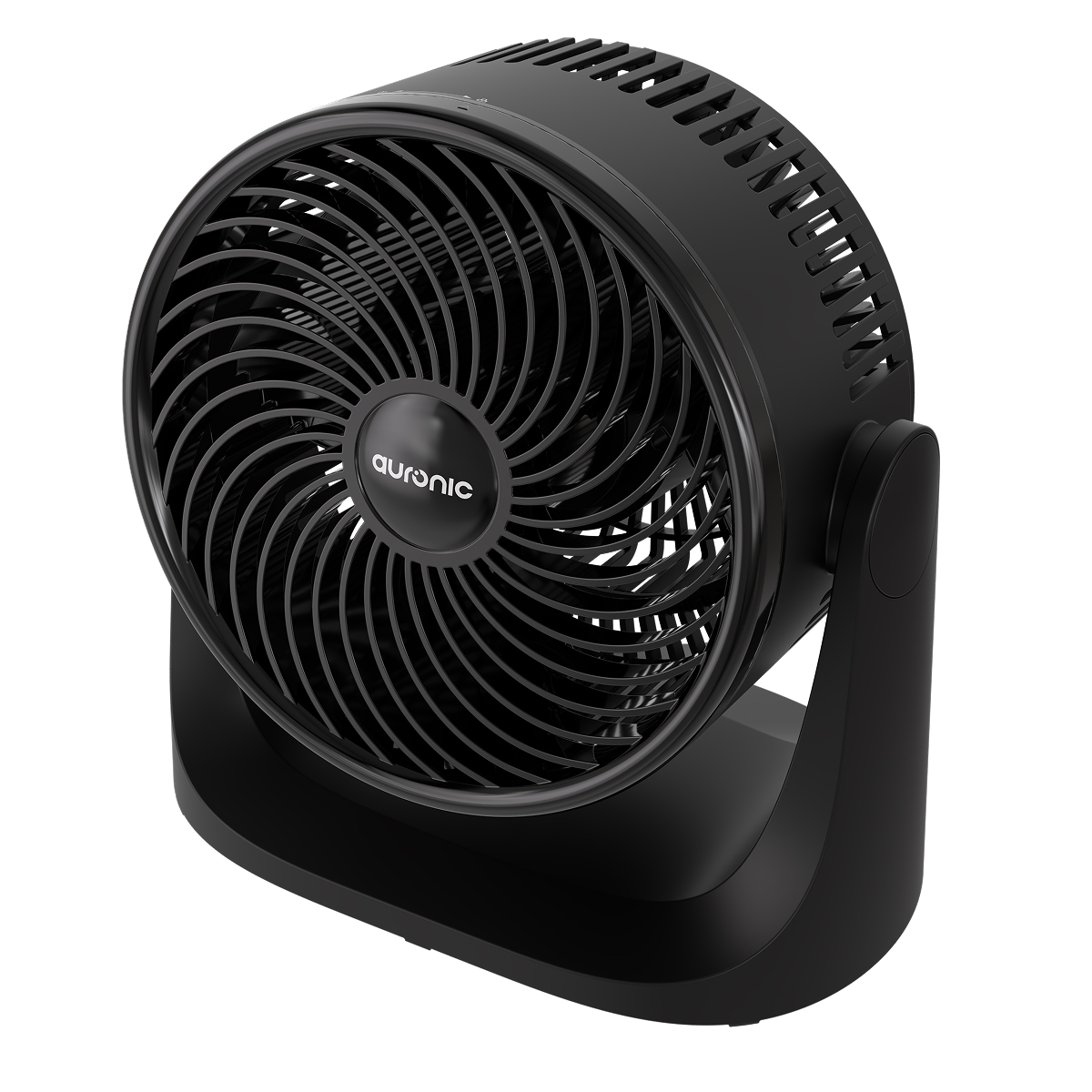 A black oscillating fan with a round grill and a logo in the center.