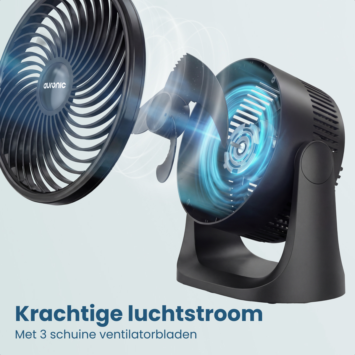 Black fan with three blades, showing blue airflow visualization. Text: Powerful airflow.