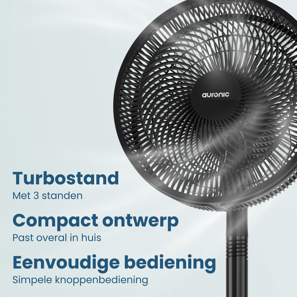 A black standing fan with the Auronic logo, spraying mist.