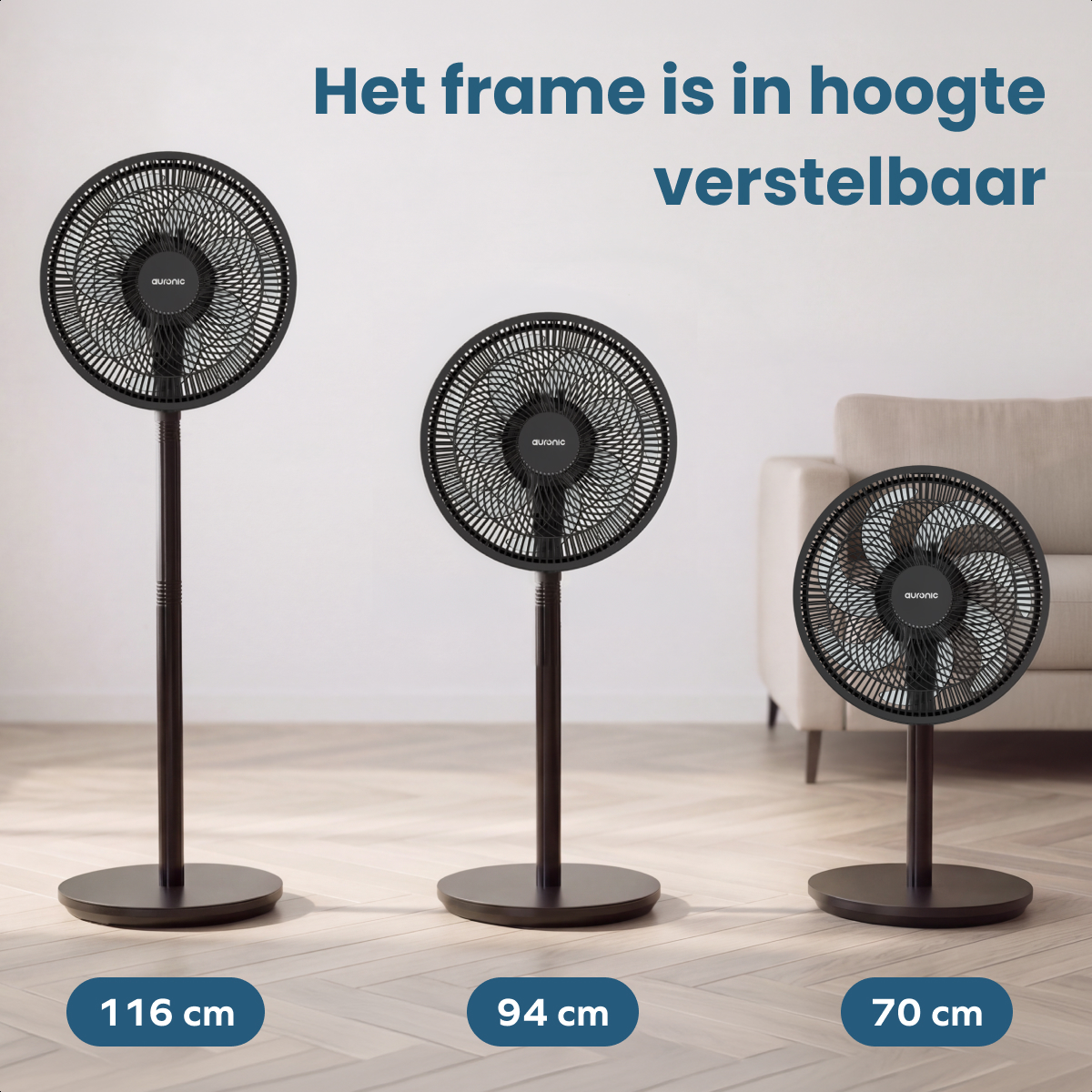 Three black standing fans of different heights are displayed with labels.