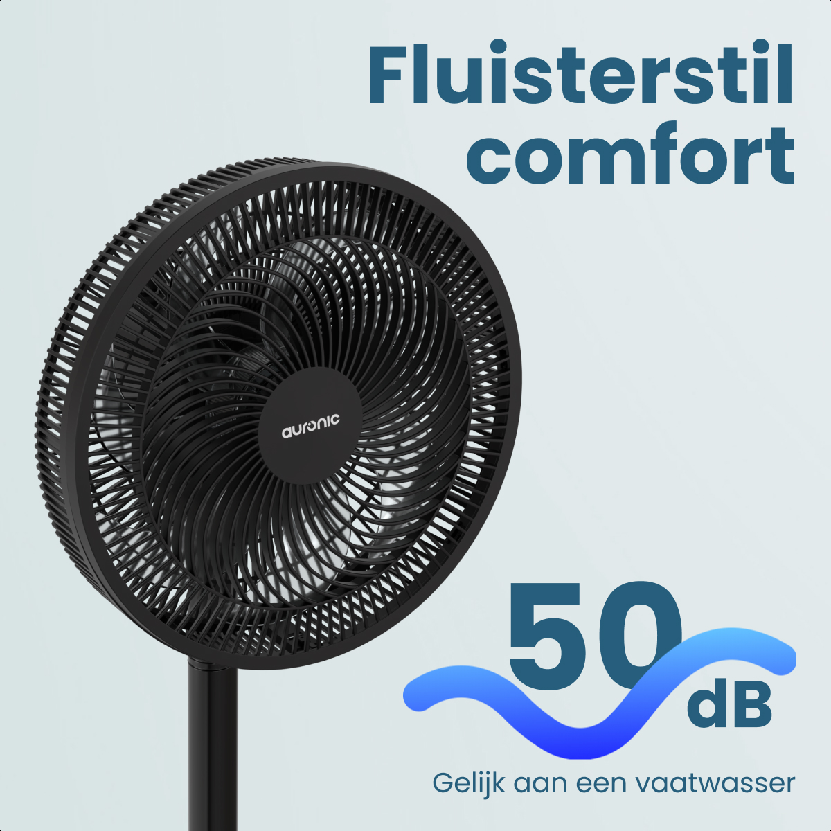 Black standing fan with 'Fluisterstil comfort' text and 50 dB.