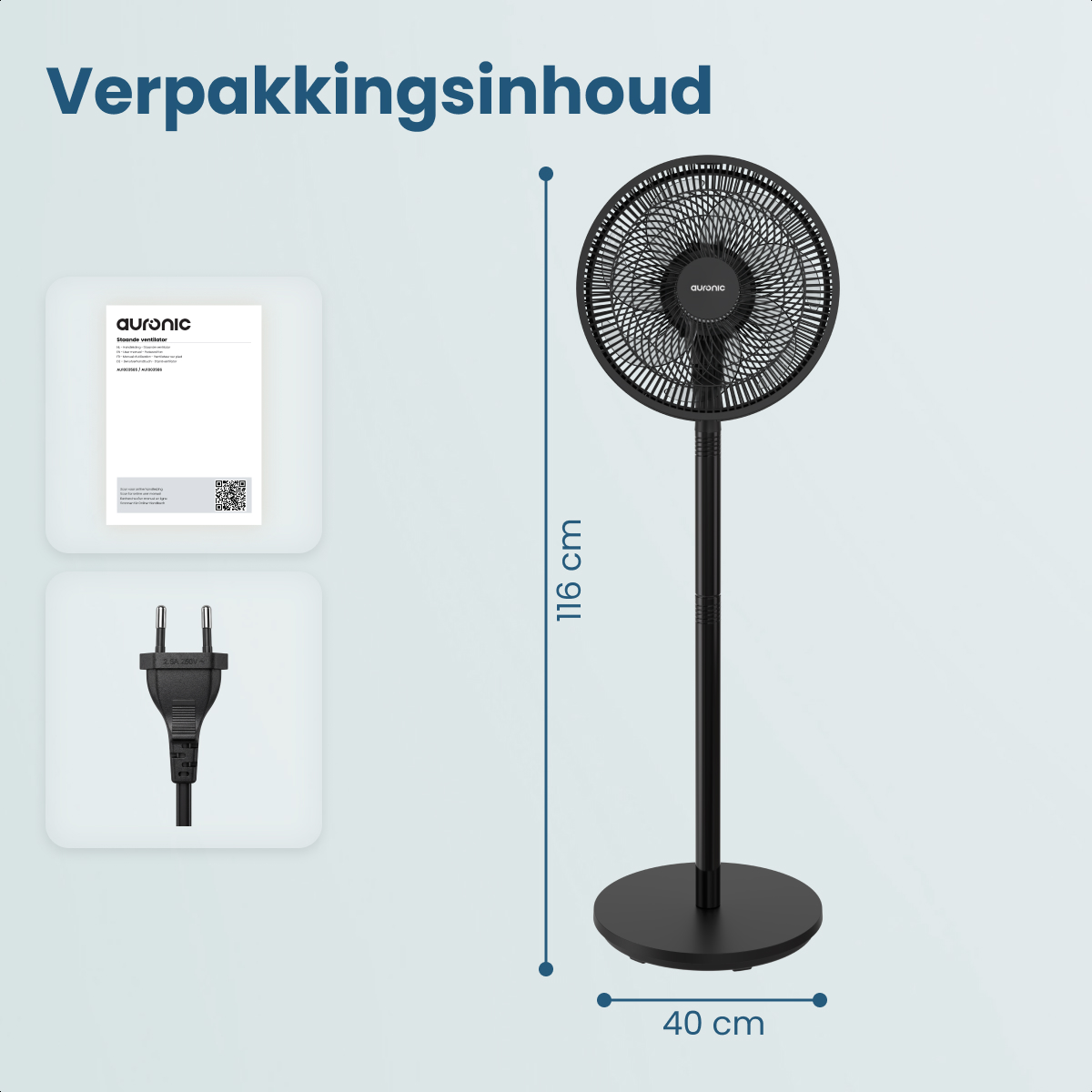 A black standing fan, 116 cm tall, with a 40 cm base diameter.
