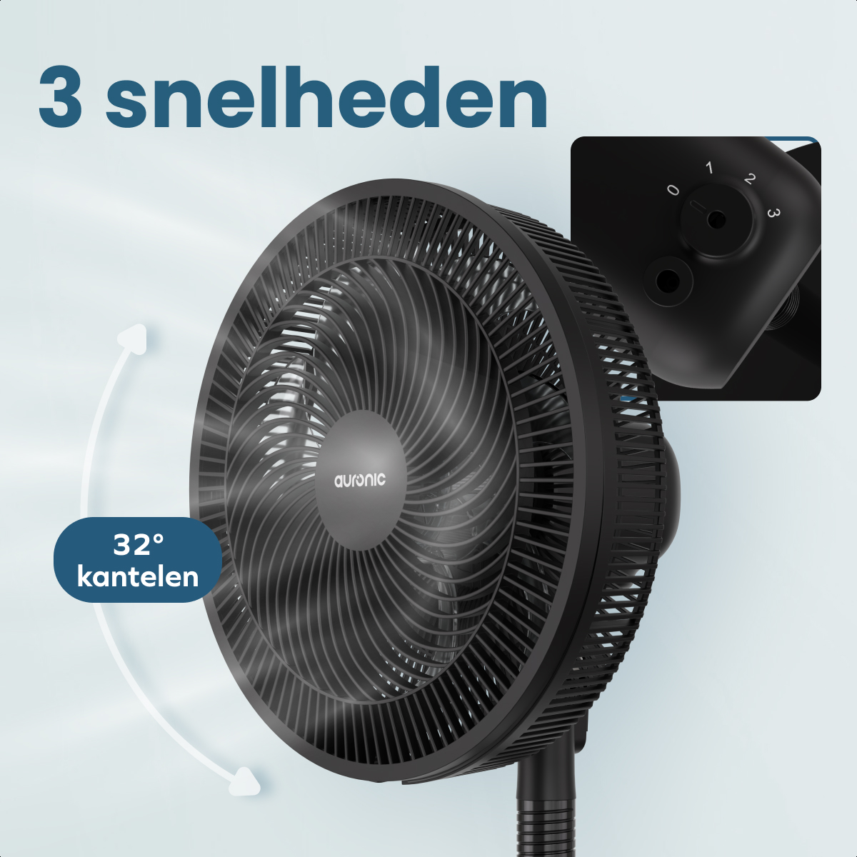 A black fan with three speed settings and 32° oscillation.