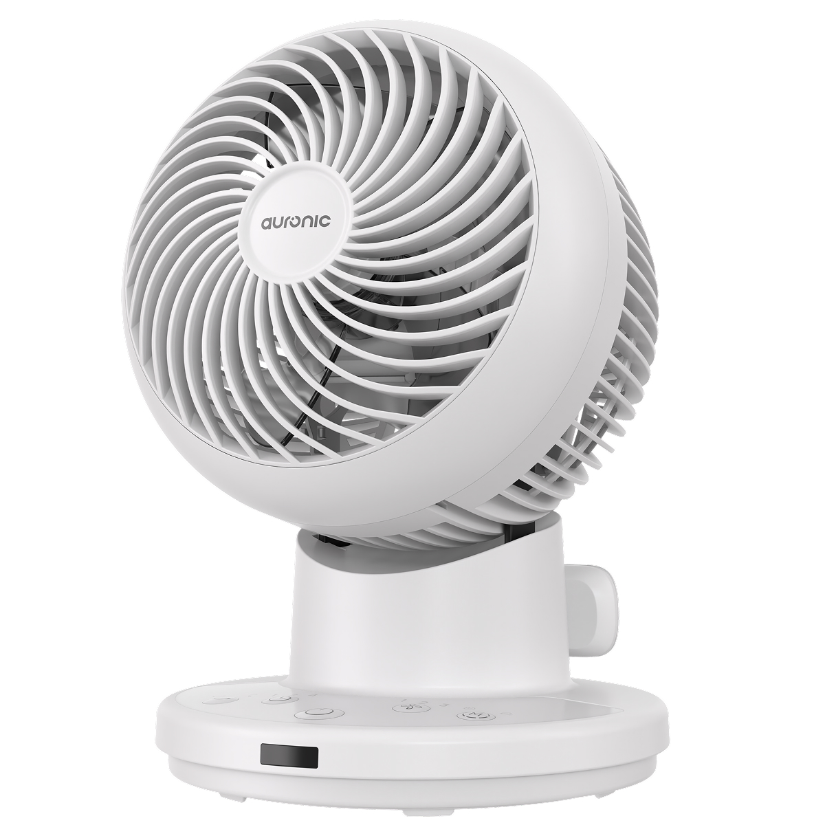 White modern oscillating fan with a round grille and a base with buttons.