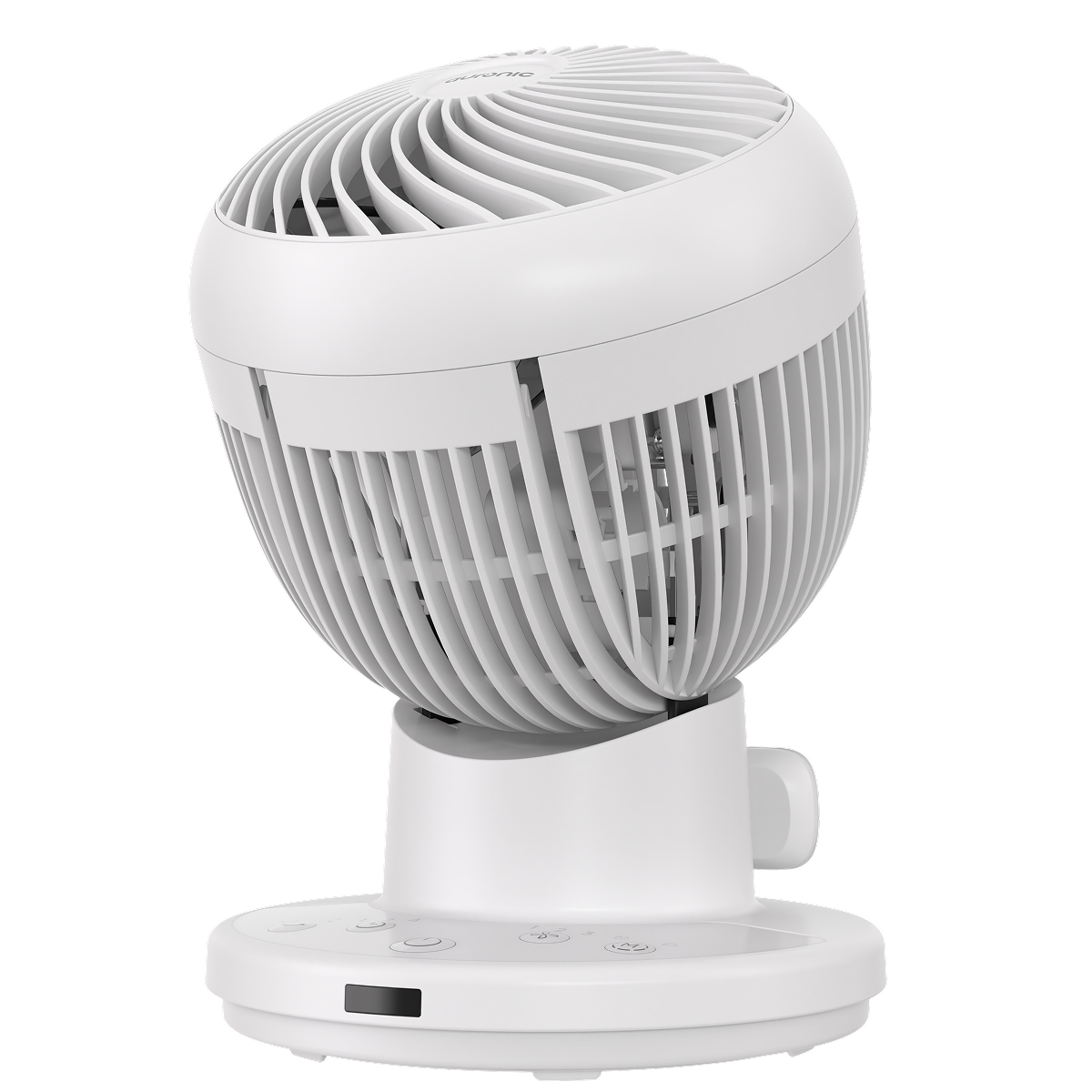 A white table fan with a swivel head and control panel on its base.