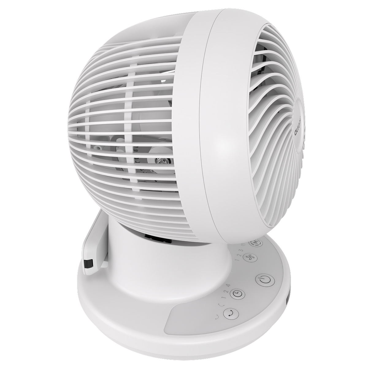 A white tabletop fan with a grooved housing and a control panel at the base.