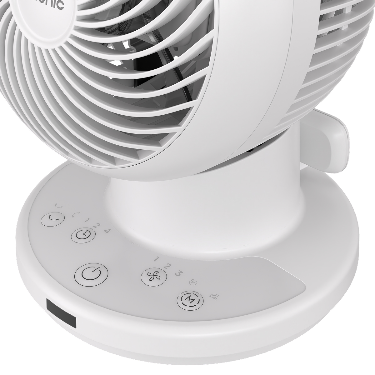 A white fan with a control panel showing speed and timer icons.
