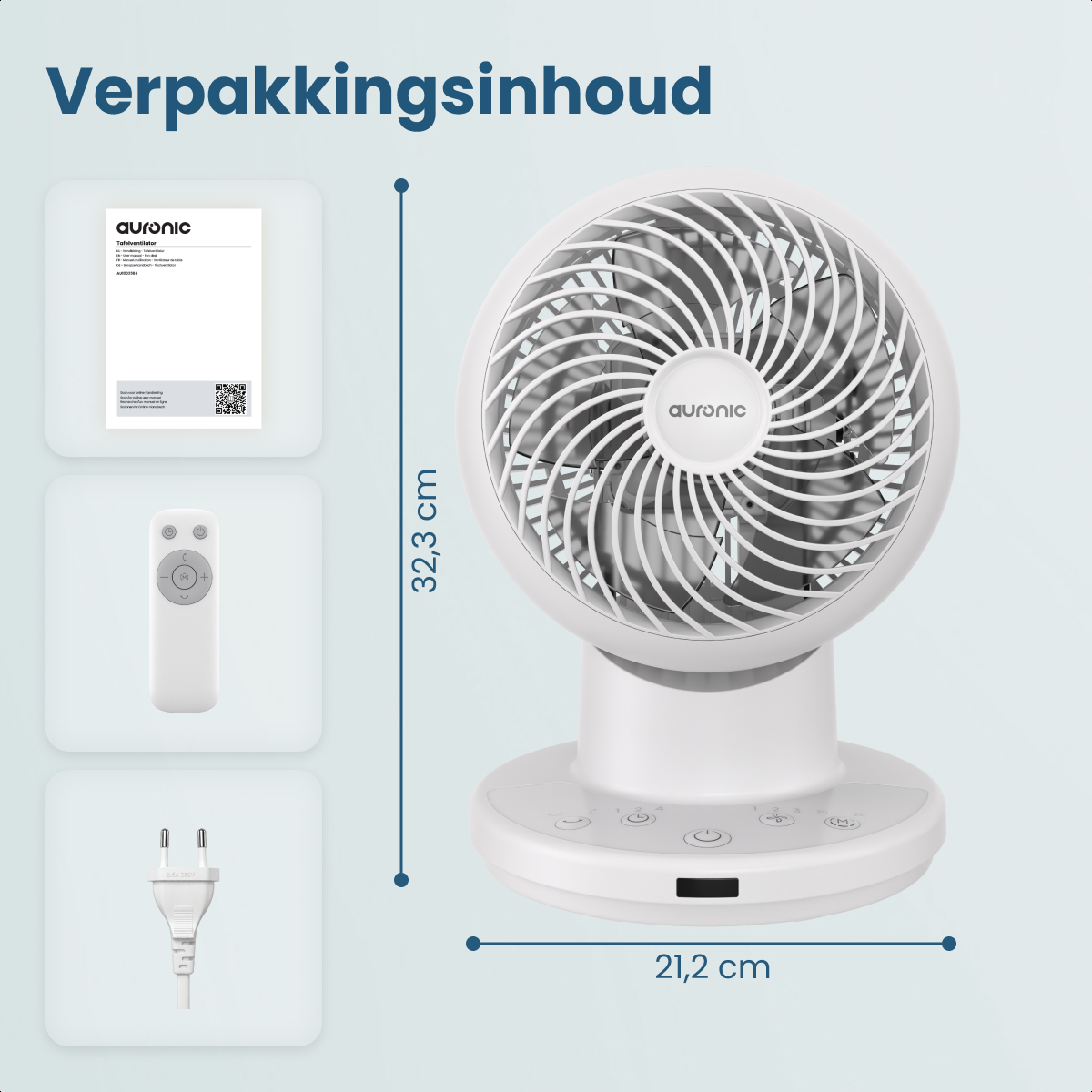 A white table fan with remote, plug, and manual on a light blue background.