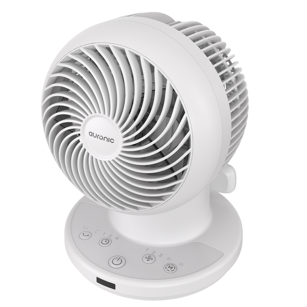 A white, round fan with control buttons on its base.