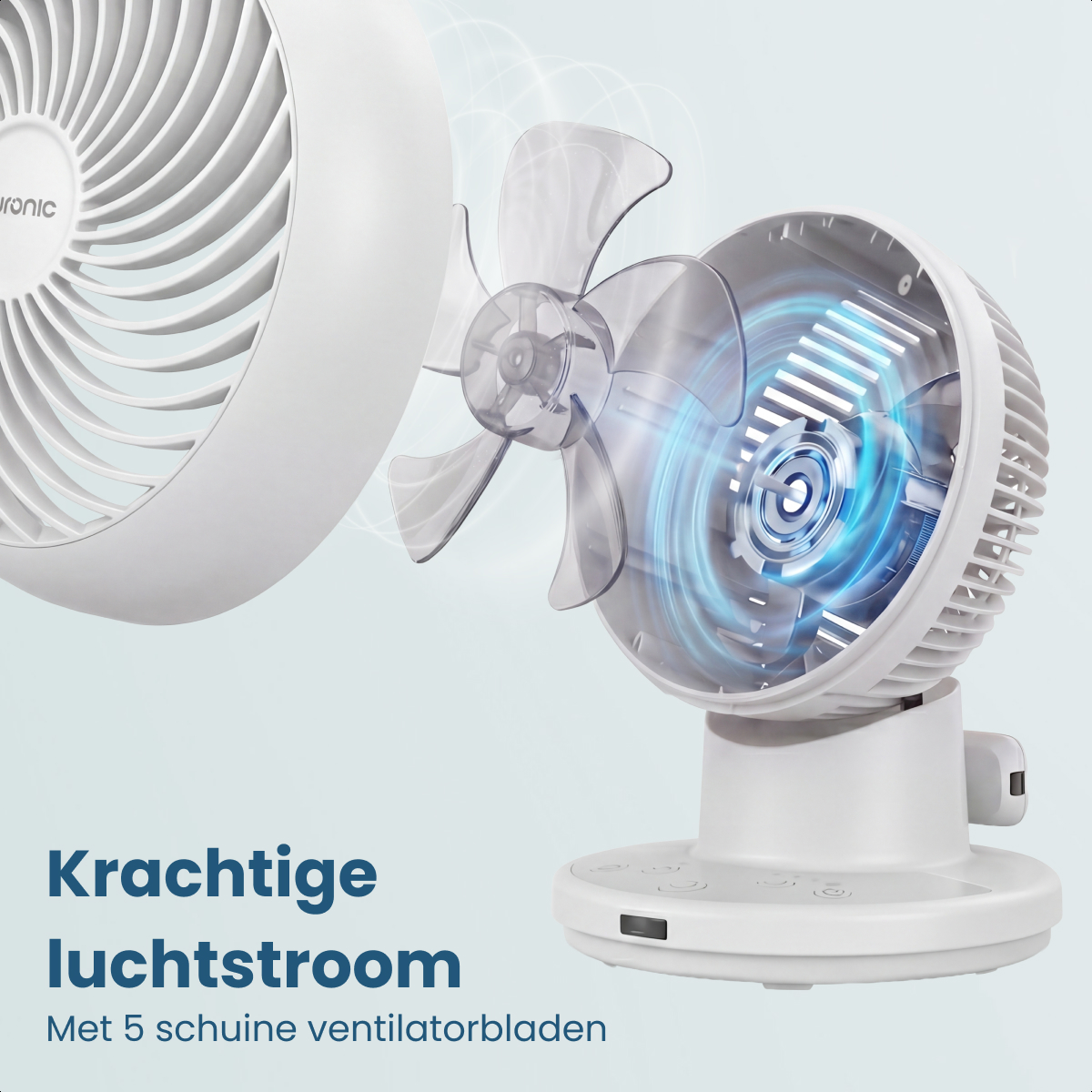 Two white fans with transparent blades and airflow visualization.