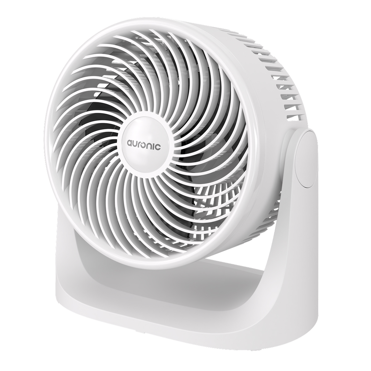 A white tabletop fan with a round grille and a logo in the center.