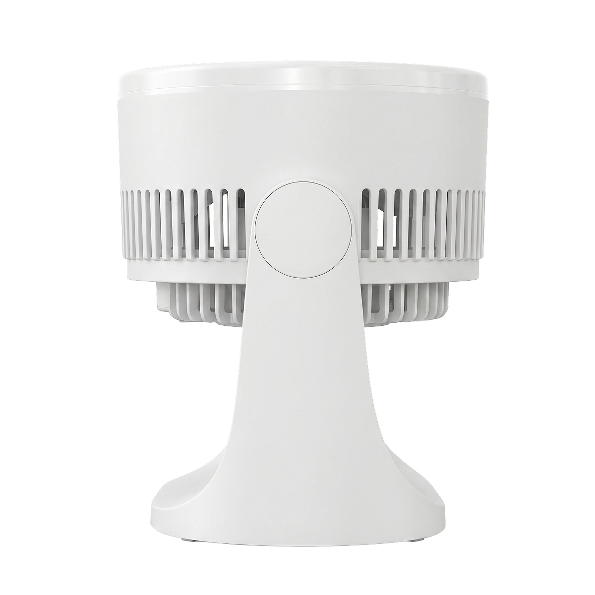 Rear view of a white fan with vents and a circular central section.
