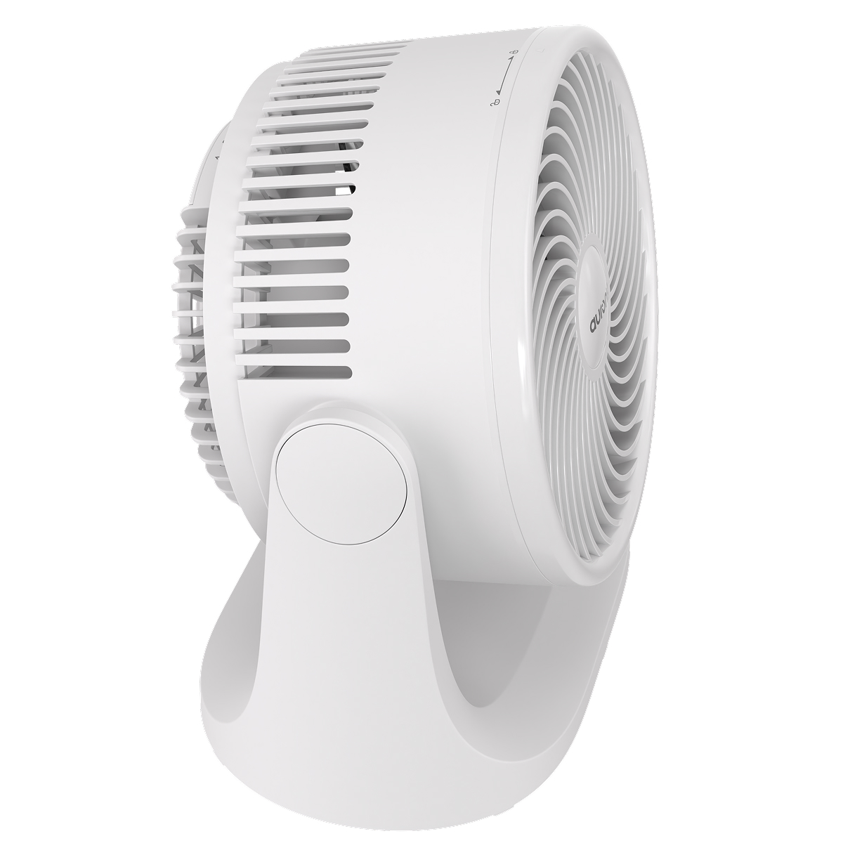 A white desk fan with adjustable speed settings.