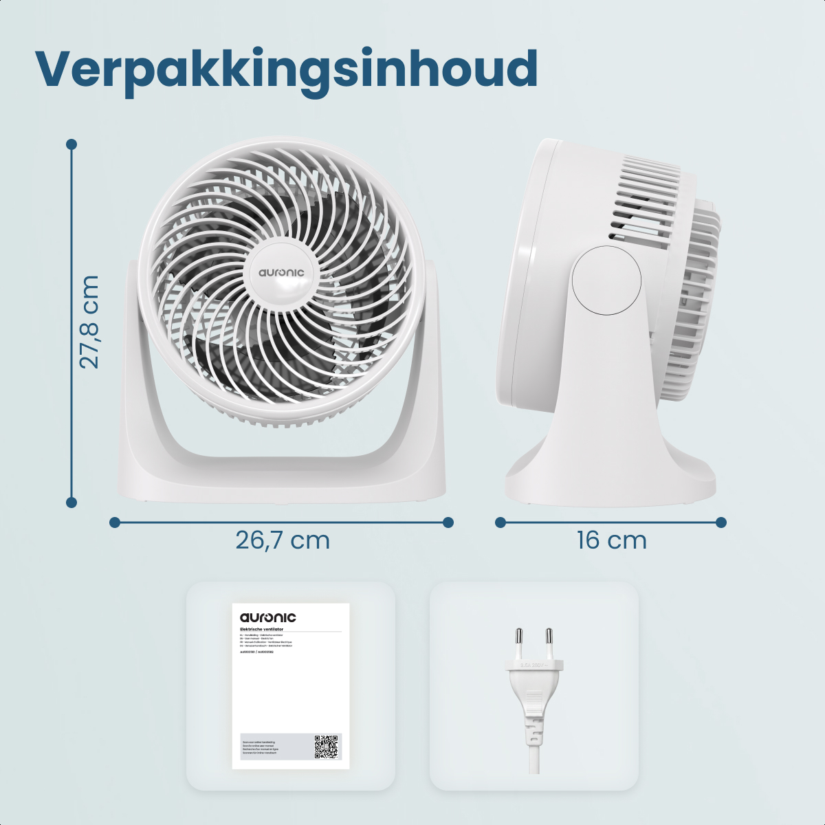 A white fan with dimensions and accessories is displayed.