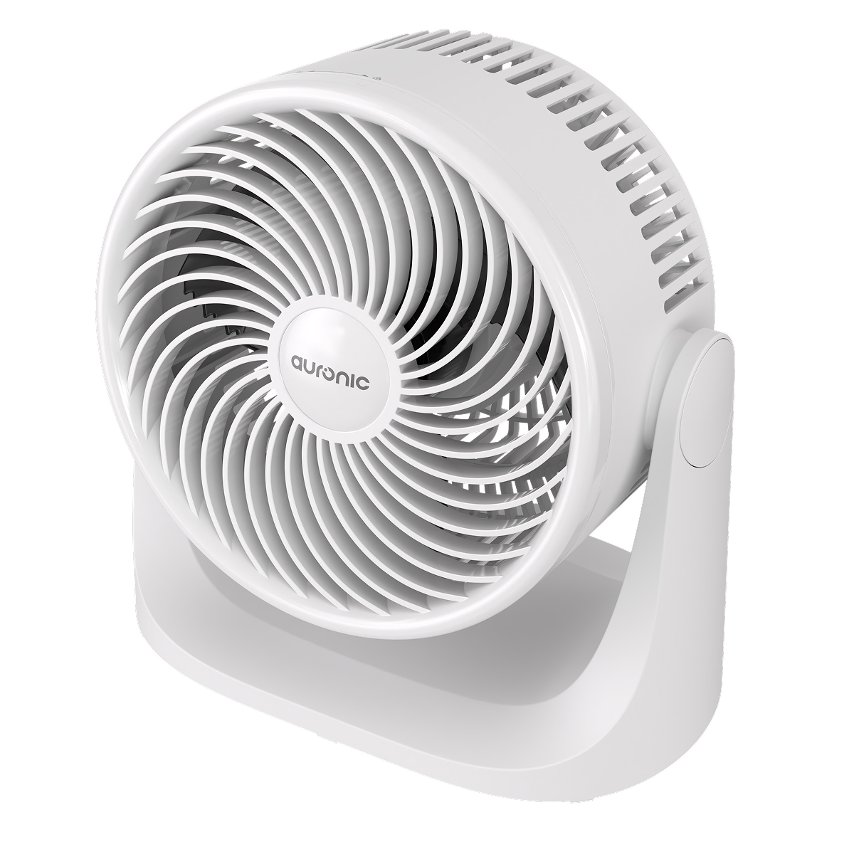 A white table fan with a round grill and a stable base.
