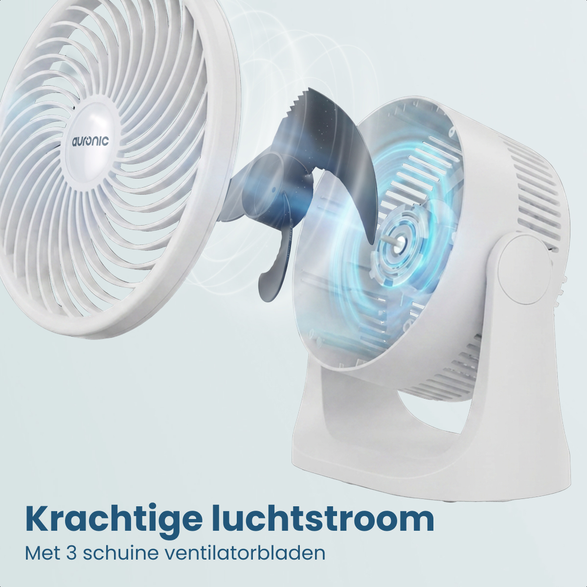 A white fan with exposed rotor and blades, showing airflow.