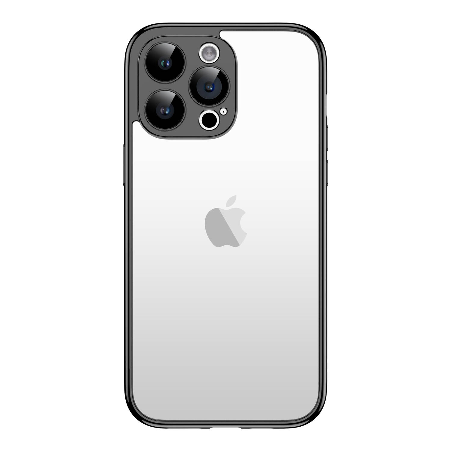 Apple logosu ve üçlü kamera kurulumuna sahip şeffaf telefon kılıfı.