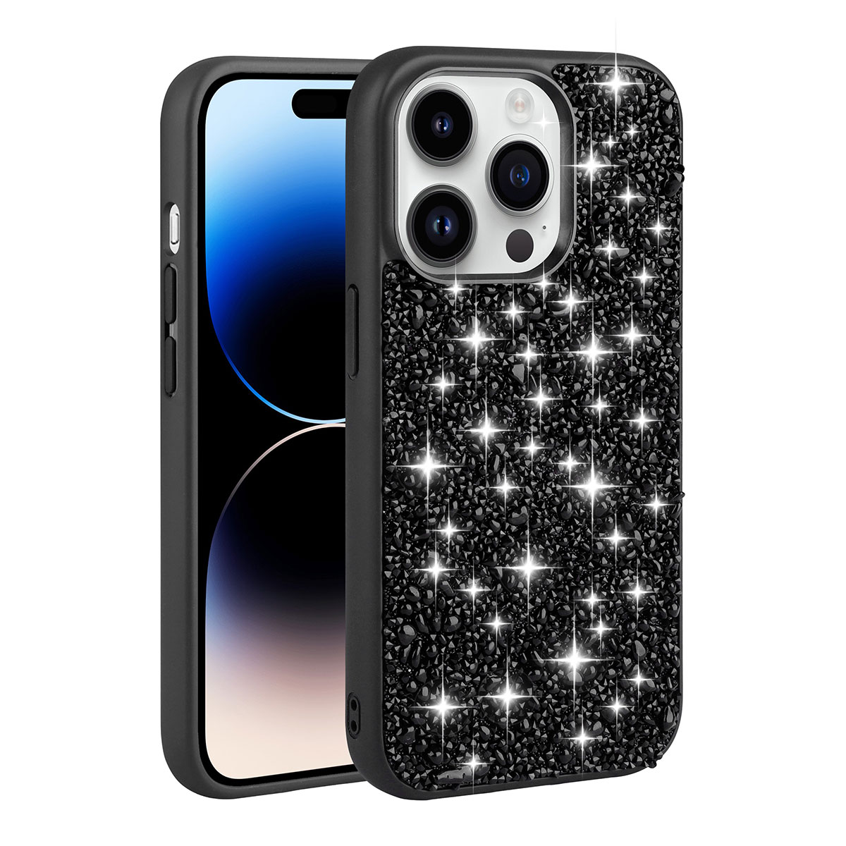 Parlak siyah taşlarla kaplı, kamera kesimli siyah iPhone kılıfı.