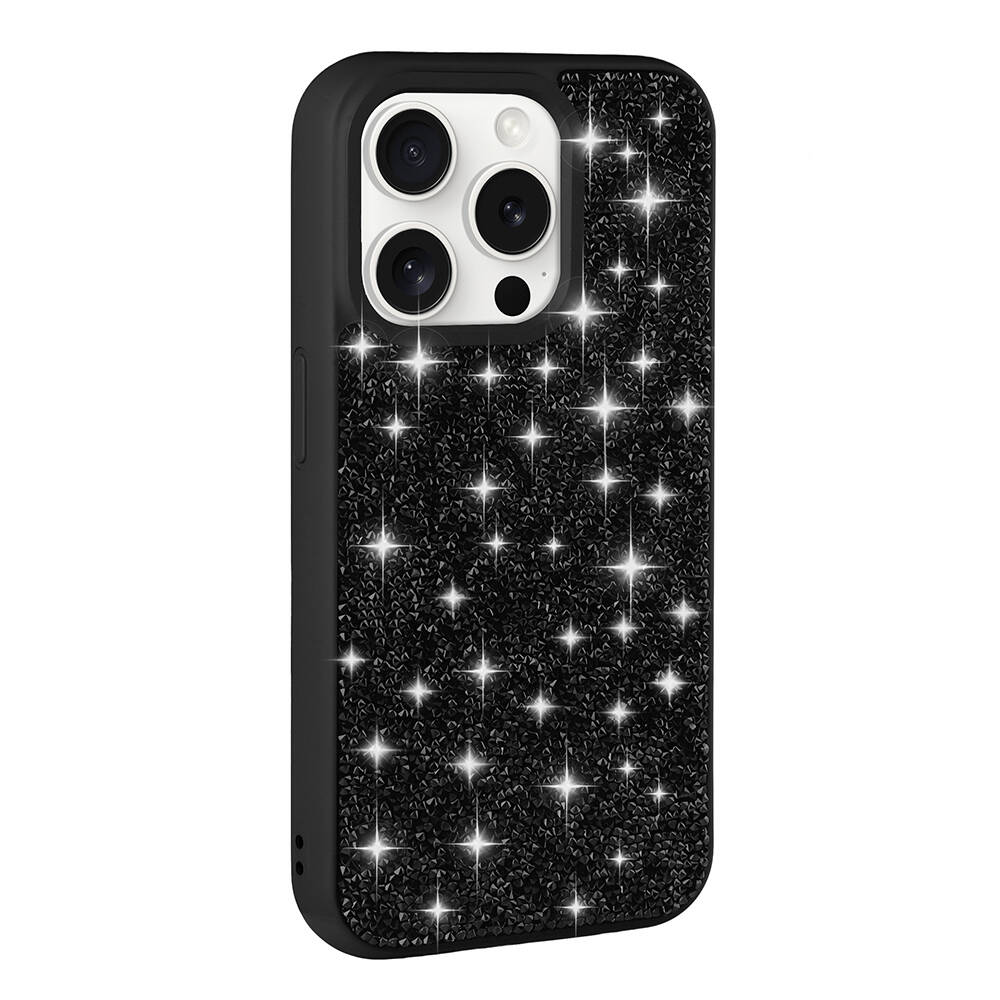 Simli ve kamera adacıklı siyah telefon kılıfı.