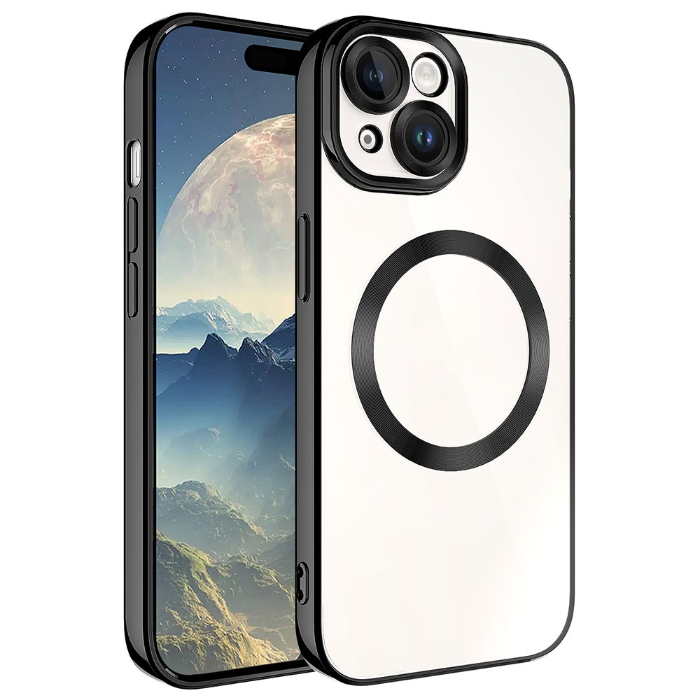 Dağ manzaralı telefonda siyah halka ve kamera çıkıntısı bulunan beyaz iPhone kılıfı.