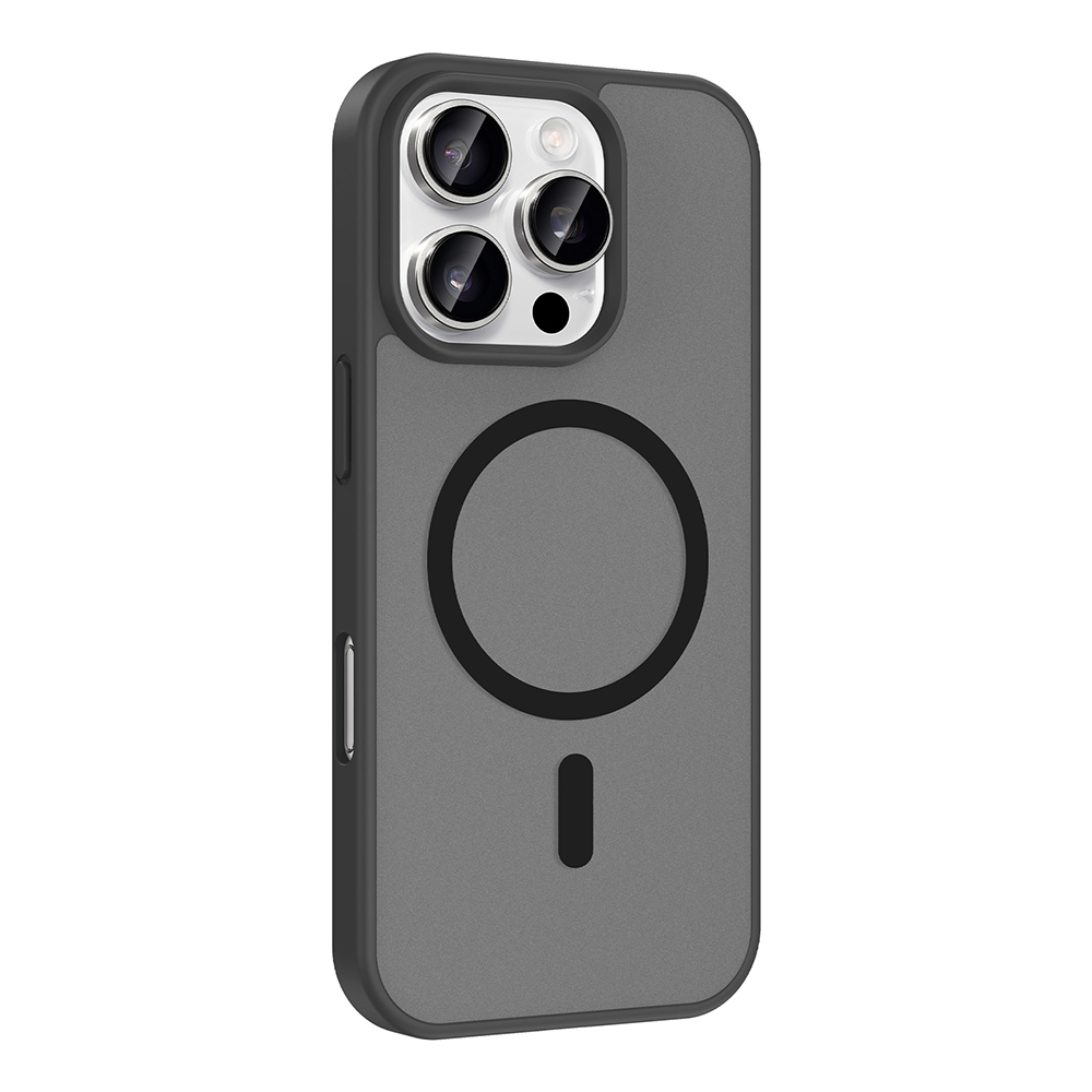 Manyetik halkalı ve üç kamera lensli gri telefon kılıfı.