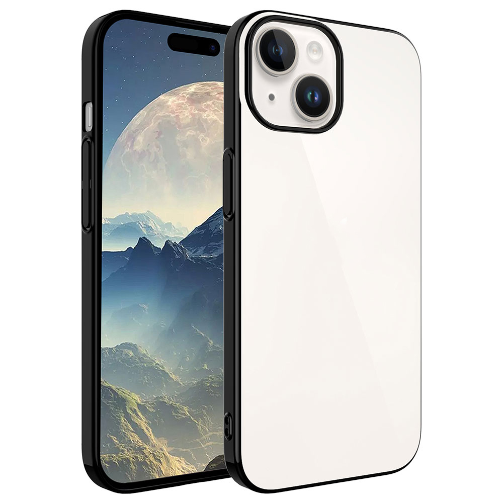 Uzay arka planlı telefonda siyah çerçeveli beyaz iPhone kılıfı.